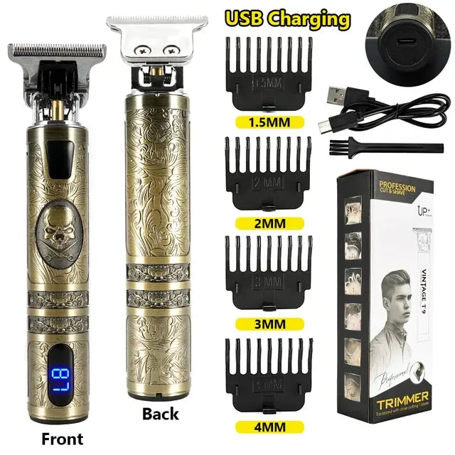Gold engraved USB-rechargeable hair trimmer kit showing front and back views of the clipper, four guide combs labeled 1.5mm, 2mm, 3mm, and 4mm, a USB cable, cleaning brush, user manual, and product box.