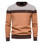 Men’s tan colour-block crew neck jumper.
