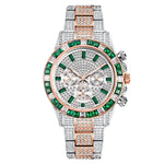 A luxury-style two-tone metal wristwatch covered in rhinestones, featuring a rose-gold bezel set with green and clear stones, green hour markers, three subdials, and a matching diamond-like bracelet band on a white background.