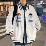 White varsity jacket with cartoon patch details.
