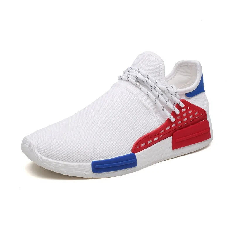 White sneaker with red and blue side cage accents.