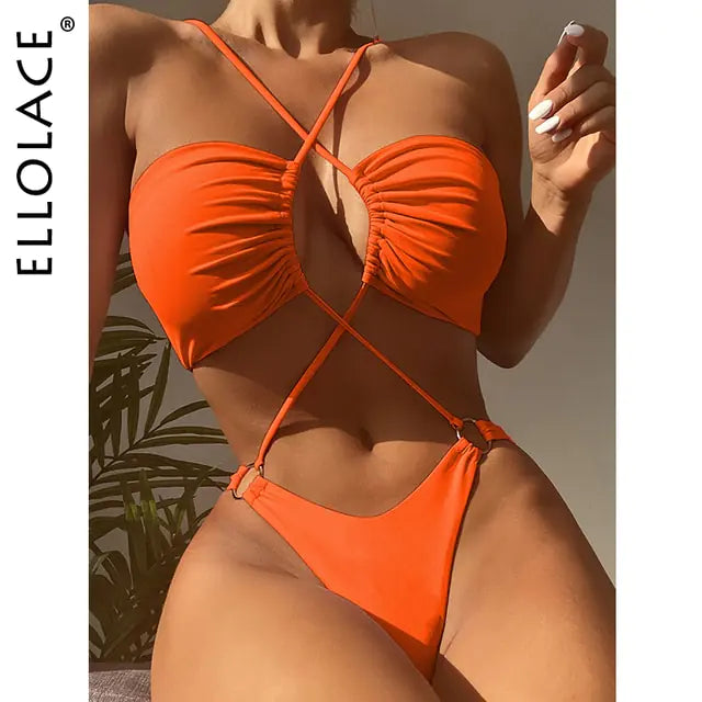 Orange strappy ruched bikini set.