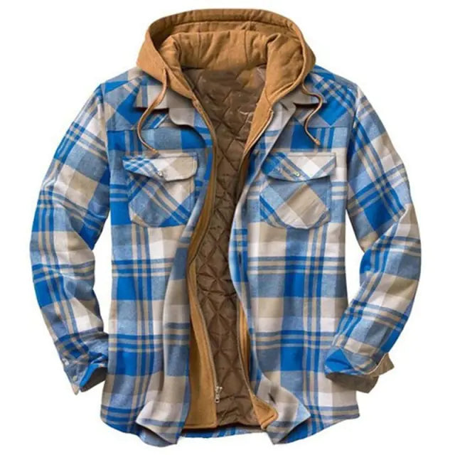 Blue checked hooded jacket with quilted brown lining, zip front and chest pockets.
