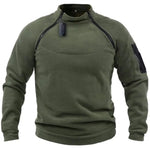 A long-sleeve fleece pullover with zipper detailing on the shoulders and a zippered pocket on the left sleeve.