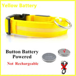 A bright yellow LED dog collar labeled “Yellow Battery,” with text stating “Button Battery Powered” and “Not Rechargeable,” plus images of coin batteries and a crossed-out USB cable.