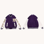 Purple and white varsity jacket featuring a large "B" on the chest and bone-shaped patches on the sleeves, with striped cuffs and hem. The image shows the jacket from the front and back.