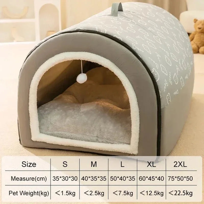 Gray tunnel-style pet bed with a plush interior and hanging pom-pom, shown with a size chart for S to 2XL.