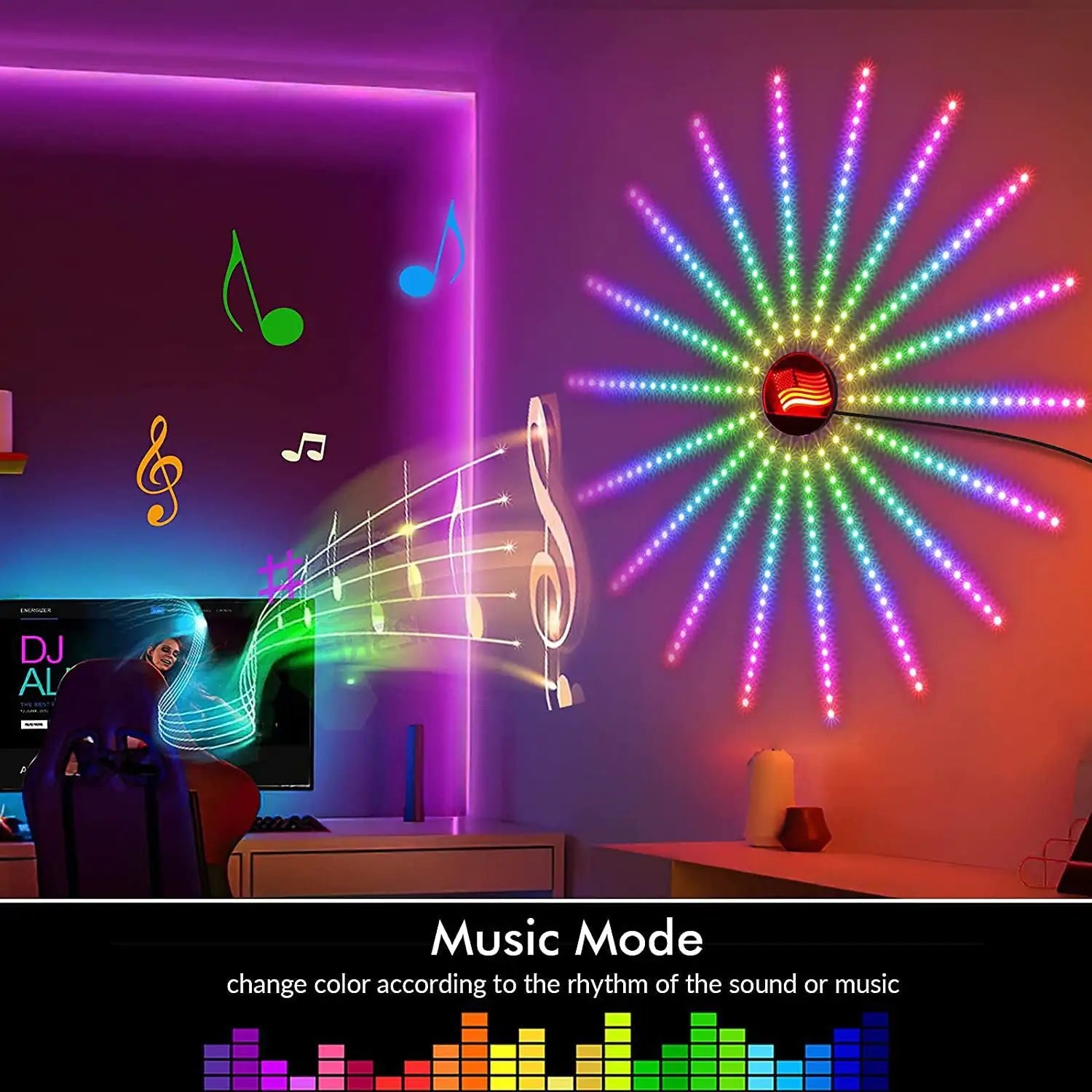 RGB sound-reactive LED wall light with music mode and colourful rhythm-changing light effects.
