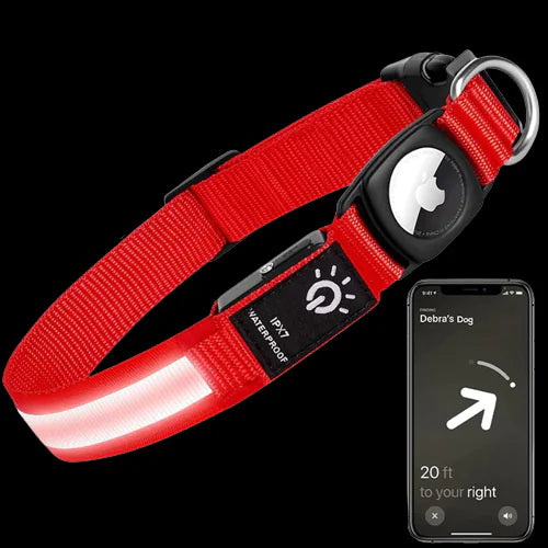 A red dog collar with a built-in reflective light strip, black hardware, and an attached tracking device. The image also shows a smartphone screen with directional guidance, suggesting the collar can be used for locating a pet.
