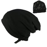 A black satin bonnet/sleep cap shown on a white background, with a small inset image in the top-right showing the same bonnet from another angle.
