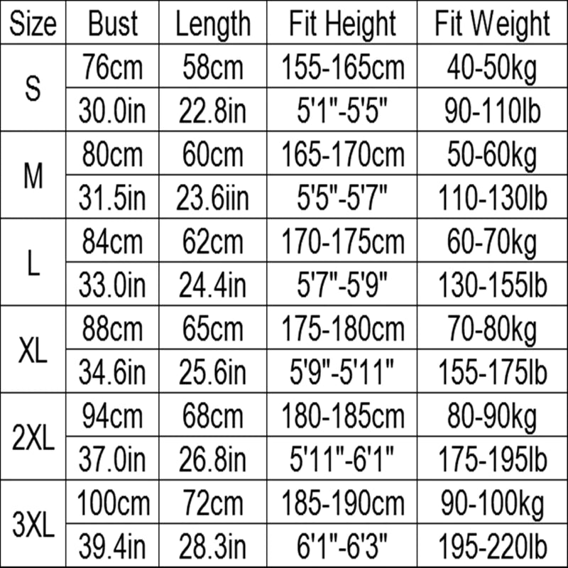 Men's Compression Workout Tight Tank Size Chart