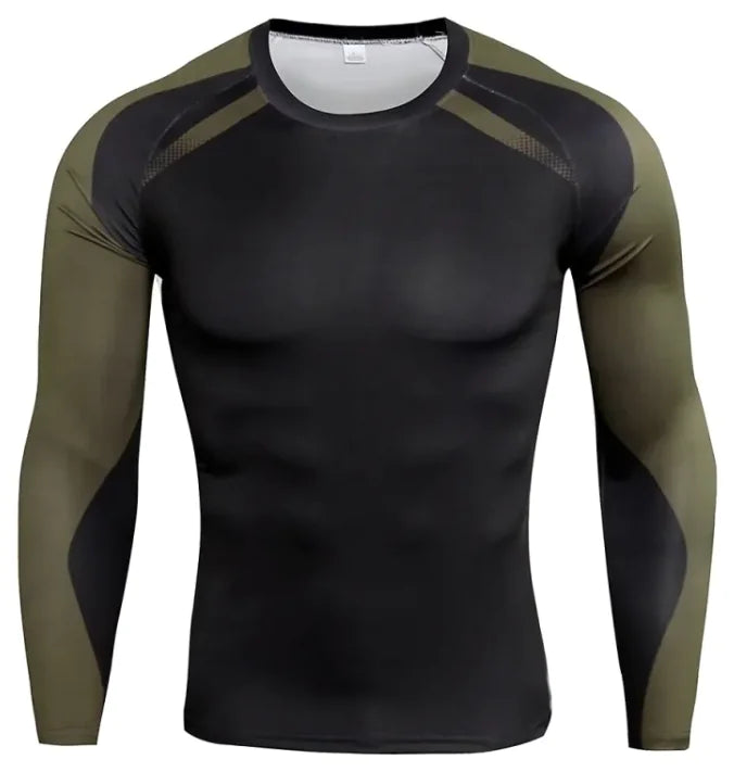 A long-sleeved athletic compression shirt and sleeves. The shirt has black side panels and raglan-style sleeves, giving it a sporty and fitted design. The fabric appears to be stretchy and moisture-wicking, suitable for workouts or outdoor activities.