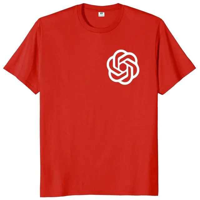 Red short-sleeve T-shirt with a white ChatGPT-style knot logo printed on the left chest.
