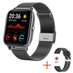 Smartwatch with a black mesh metal band displaying “20:36” and fitness/graph widgets, shown with a plus sign and an included black silicone replacement strap labeled as a gift.