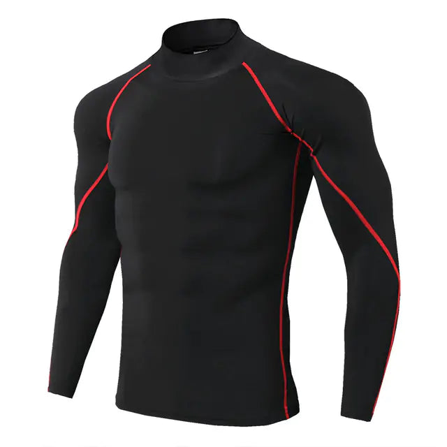 Black long-sleeve compression top with red seams.
