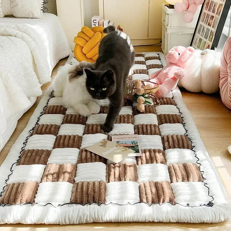 A black-and-white cat walking on a thick checkered floor mat in a cozy bedroom, with plush pillows, stuffed toys, and an open book nearby.