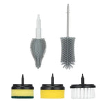 Set of cleaning brush attachments for a drill, including two gray bristle brushes and three round scrub pads (sponge, sponge with scouring layer, and white bristle brush) on a white background.