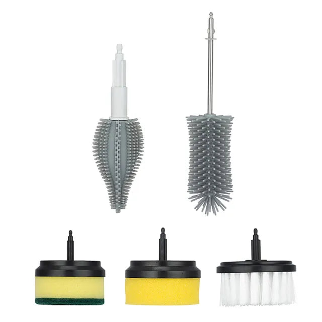 Set of cleaning brush attachments for a drill, including two gray bristle brushes and three round scrub pads (sponge, sponge with scouring layer, and white bristle brush) on a white background.