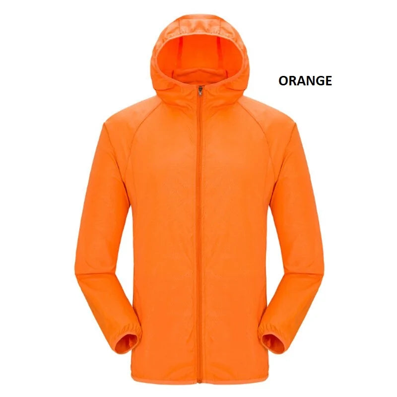 Bright orange lightweight hooded zip-up jacket shown front-facing on a white background, with the word “ORANGE” beside it.