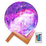 Galaxy moon lamp with a wooden stand, remote control and colourful LED lighting effects.
