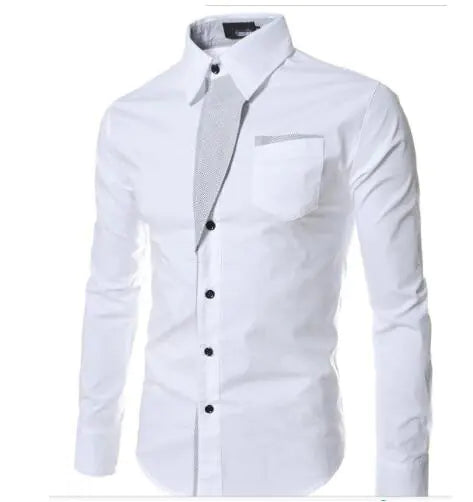 White long-sleeve button-up dress shirt with black buttons and light gray contrast trim on the placket and chest pocket, on a white background.