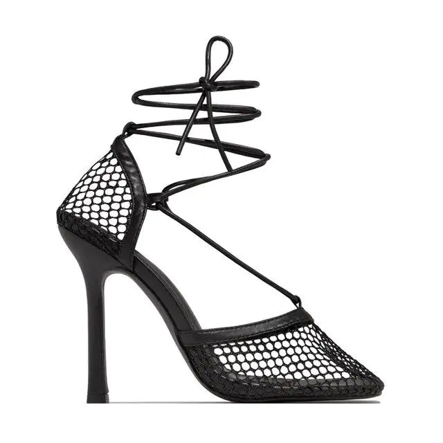 Women's Lace-Up Net Design Heels