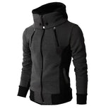 Charcoal zip-up hoodie with a high neck, drawstring hood, and black contrast trim.