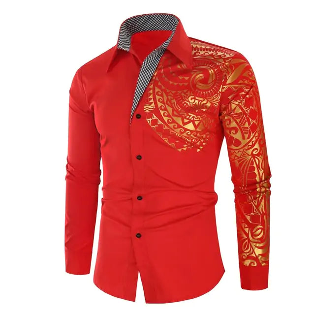 Red long-sleeve button-up shirt with gold geometric print detailing on one side and a contrast inner collar.
