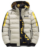 A stylish puffer jacket with a hood, featuring the word "BASE" printed on the chest. The jacket has a black and white patterned inner lining, zippered pockets, and white stripe details with text on the sleeves. The hood includes drawstrings for adjustment.