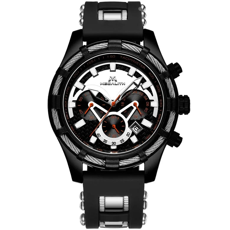 A studio product image of a bold black men’s wristwatch on a white background, featuring a large round case with a cable/wire-style bezel detail, a multi-dial chronograph face with white and black segments and orange accent hands, and a black silicone strap with metal hardware.
