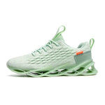 Mint green lace-up trainers with breathable knit upper and sculpted hollow sole.

