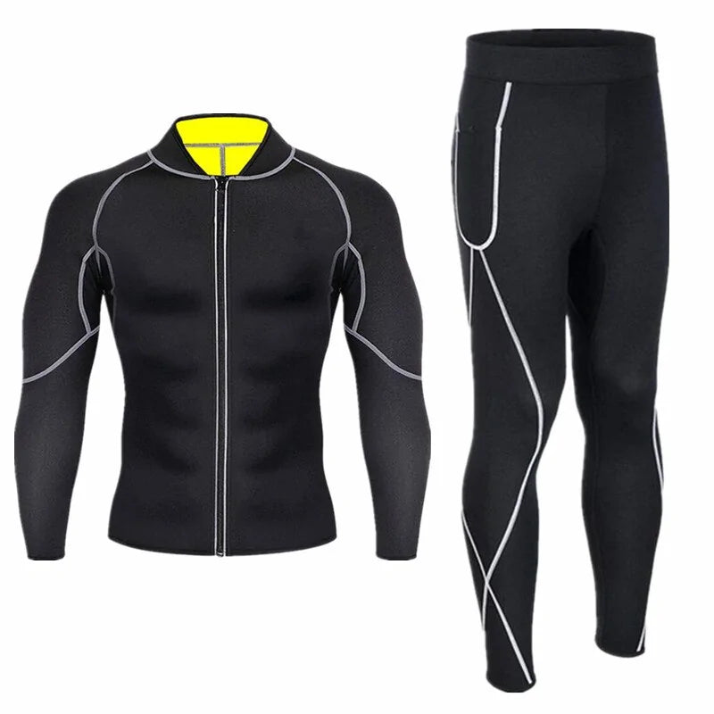 Black men’s compression tracksuit with zip top, leggings and grey seam detailing.