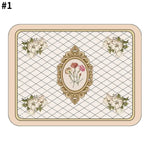 Elegant rectangular mat with a soft beige border, subtle diamond pattern, ornate central floral medallion, and delicate cream flower arrangements in each corner.