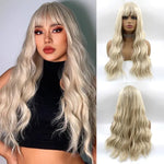 Collage of a long, wavy platinum-blonde wig with bangs, showing a model wearing it and front and back views on a mannequin against a white background.
