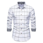 White men’s long-sleeve shirt with blue checked collar, cuffs and placket trim.
