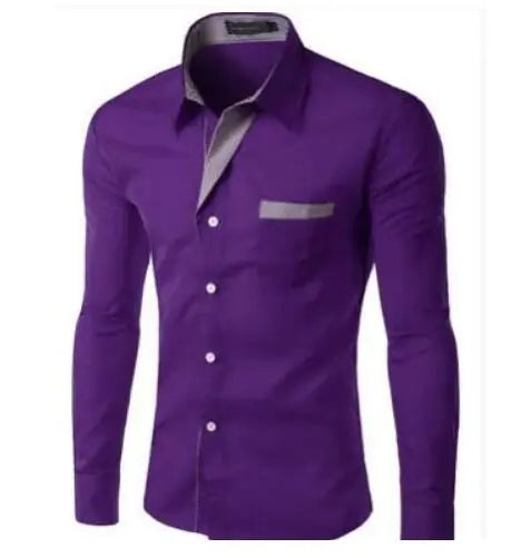 Purple long-sleeve button-up dress shirt with a pointed collar, chest pocket, and contrasting patterned trim along the collar and placket, shown on a white background.