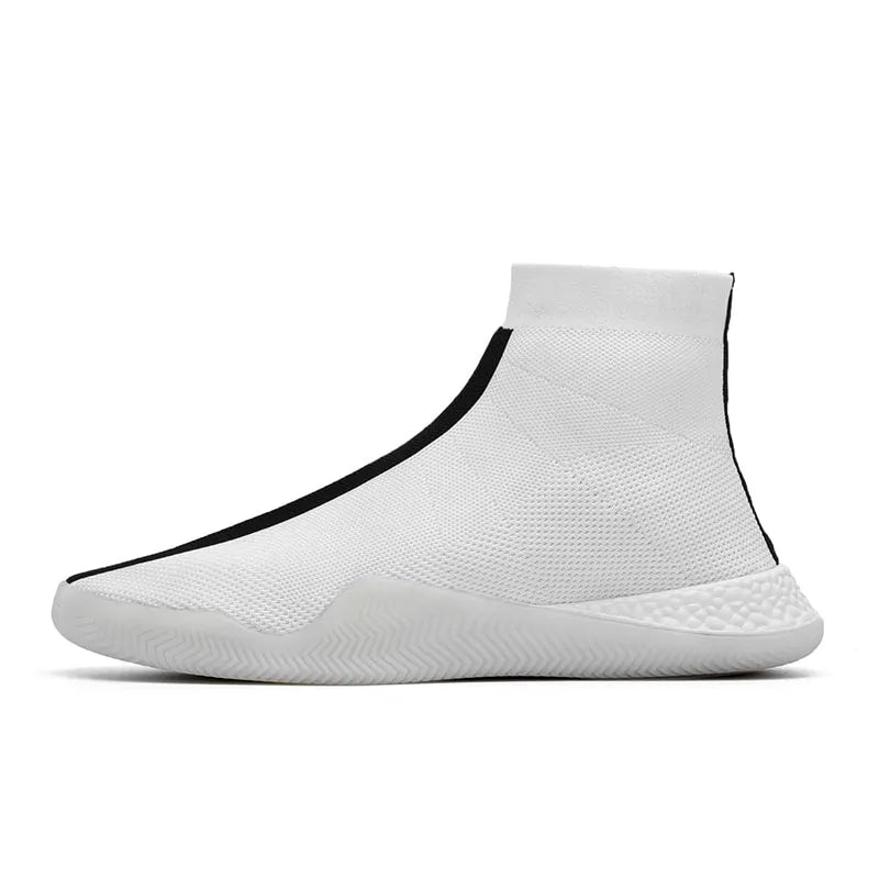 White sock-style trainers with a minimalist slip-on design and black contrast trim.