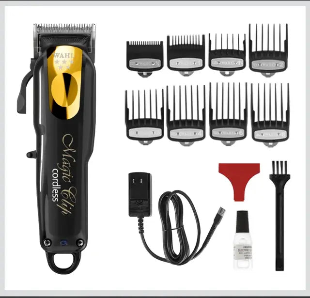 Wahl “Classic Clip” cordless hair clipper kit shown with the clipper, multiple guard comb attachments, a power cord, a red blade guard, a small cleaning brush, and a bottle of clipper oil on a white background.