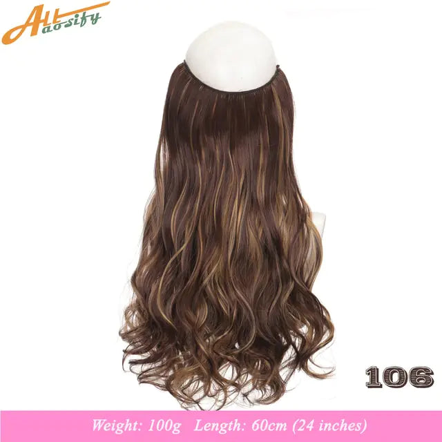 Long, wavy clip-in hair extension in medium brown, shown hanging from a white hanger cap against a white background.