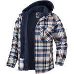 A men's blue and black plaid flannel jacket with a quilted inner lining and an attached black hood. The jacket features a button-up front with snap closures, a zippered interior, and a single chest pocket with a buttoned flap. The thick, insulated design makes it suitable for cold weather.