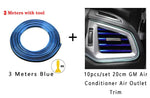 Promo image showing a 3-meter roll of blue car interior trim strip with an installation tool, plus a photo of blue trim installed around a car air conditioner vent; text mentions “10pcs/set 20cm GM Air Conditioner Air Outlet Trim