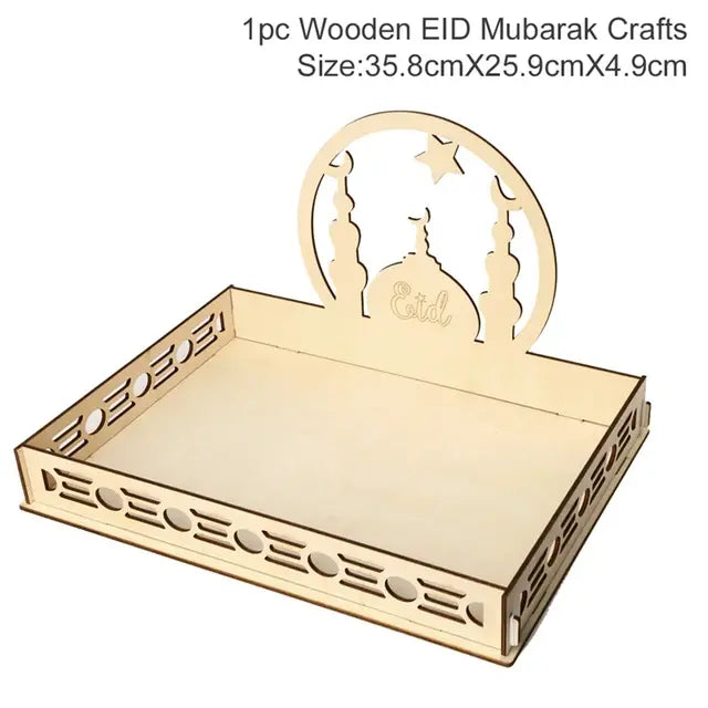 Wooden “EID Mubarak” serving tray with a mosque-and-crescent cutout handle, labeled with size 35.8 × 25.9 × 4.9 cm.