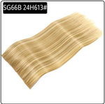 A strand of blonde clip-in hair extensions with a straight texture.