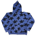 This is a blue hoodie with a bold black star pattern across the back, giving it a trendy and youthful vibe. It features a zipper and a hood, perfect for casual wear.