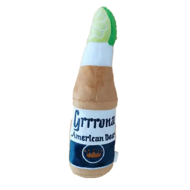 Plush beer bottle dog toy with lime detail
