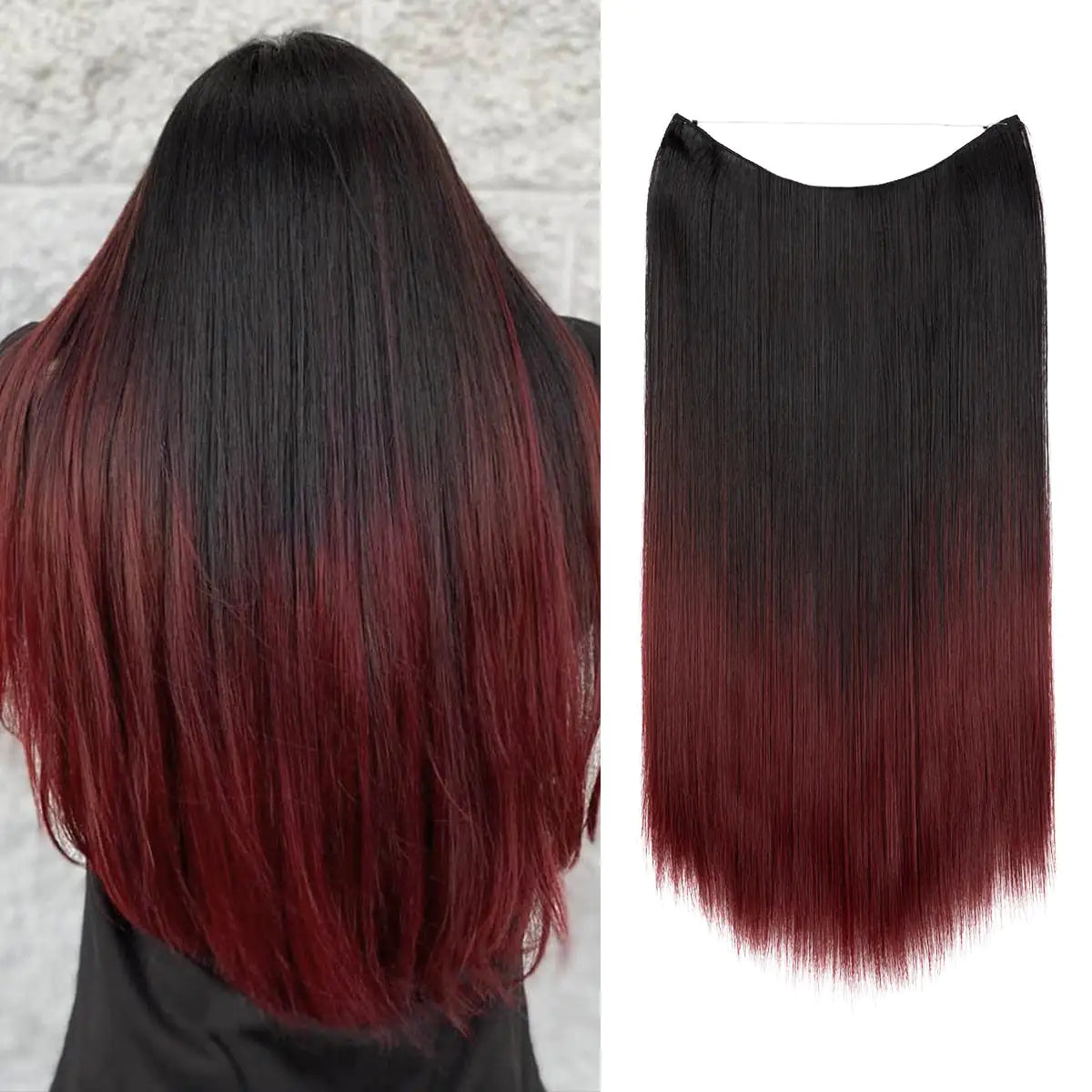 Split image showing long straight ombré hair with black roots fading into deep burgundy/red ends on the left, and a matching straight clip-in hair extension piece with the same black-to-red gradient on the right, on a white background.