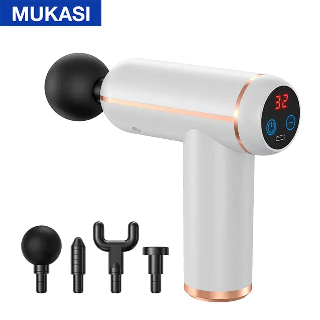 White handheld percussion massage gun labeled ‘MUKASI,’ with rose-gold accents and a digital display showing ‘32,’ pictured with four interchangeable black massage heads.