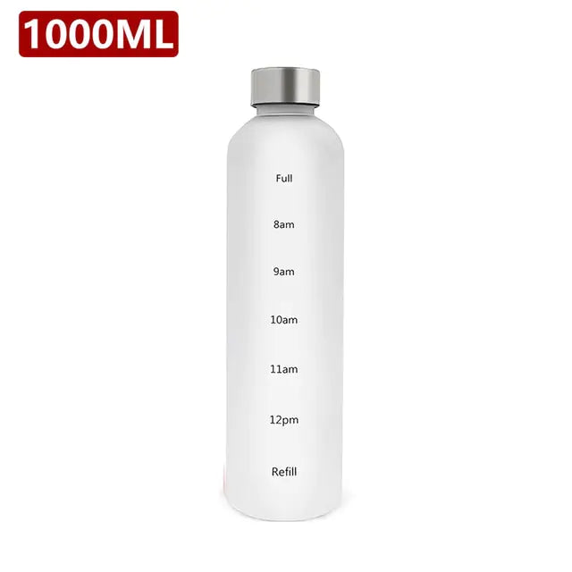 White 1000ml water bottle with a silver screw cap and vertical time markers (Full, 8am–12pm, Refill) printed on the front, shown on a white background.