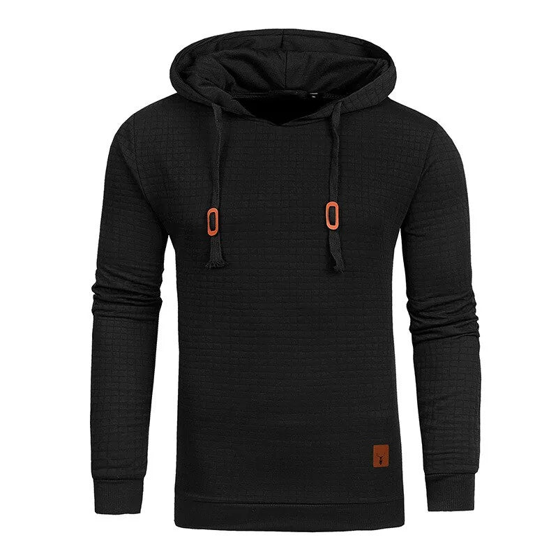 Men’s black textured pullover hoodie with drawstrings.

