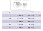 A size chart showing waist circumference and suggested weight for sizes S to 2XL: S (55–63 cm, 45–55 kg), M (64–72 cm, 55–65 kg), L (73–84 cm, 65–75 kg), XL (82–90 cm, 75–85 kg), and 2XL (91–98 cm, 85–95 kg), with an additional “Your Waist Size” inches/cm table above.
